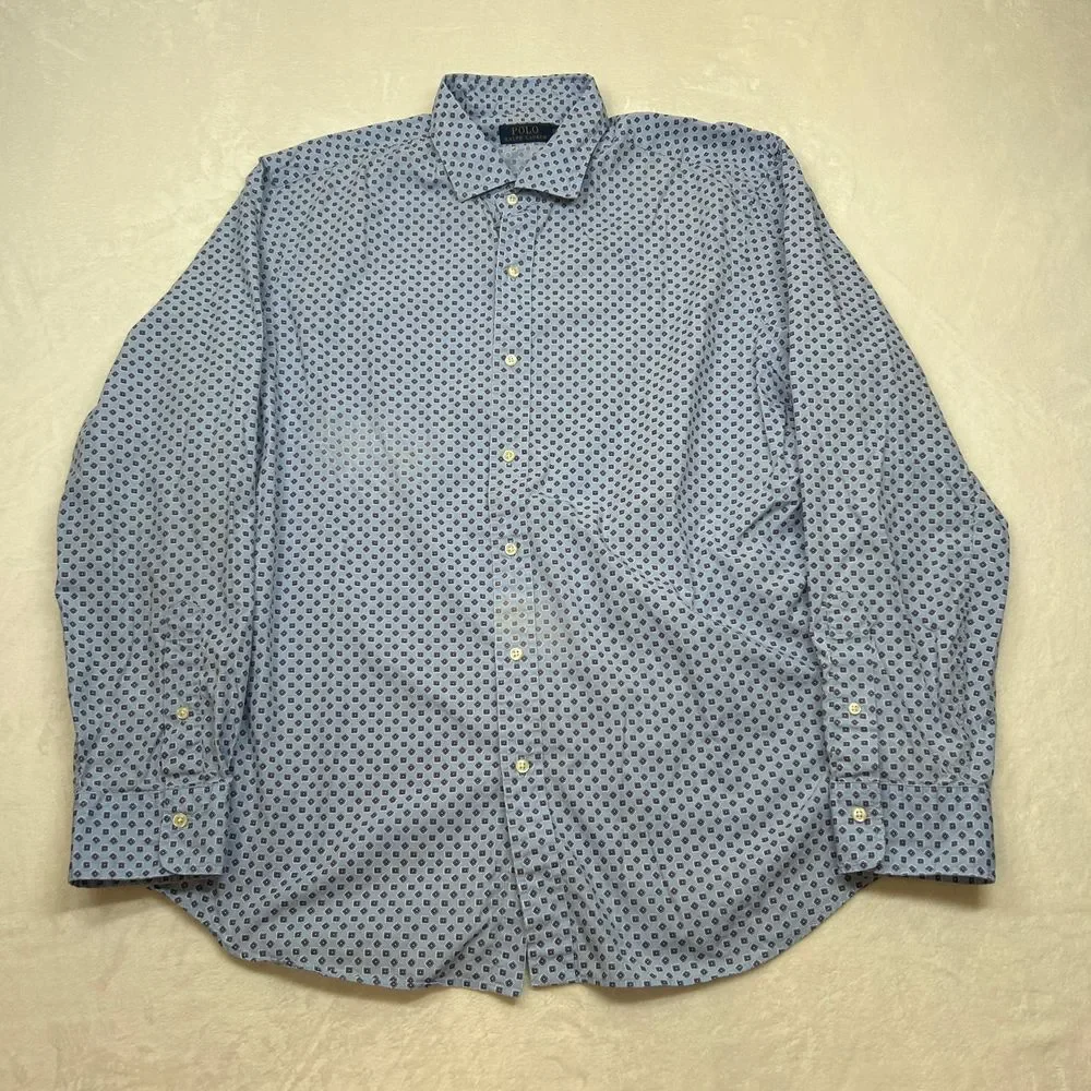 Polo Ralph Lauren Dress Shirt Mens 2XL Light Blue Geometric Print Button‎ Down